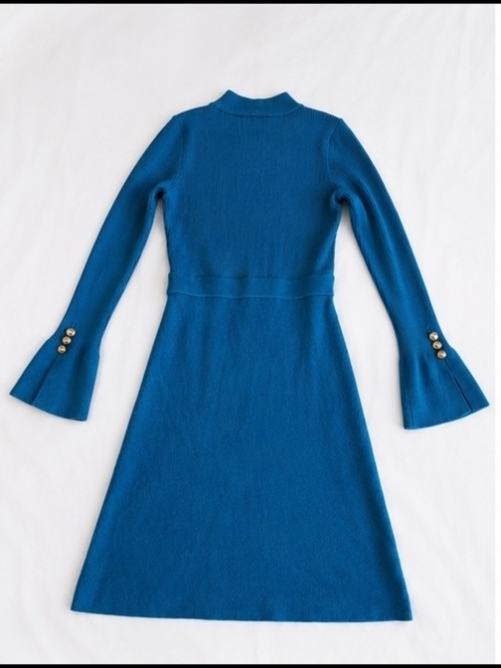Ann Taylor Women Teal Knit A-Line Dress with Flared Sleeves - Picture 4 of 5